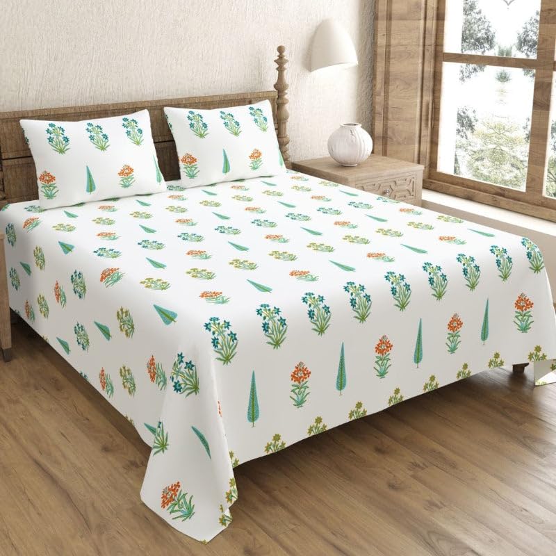 TIQH Breathability Hand Block Jaipuri Printed 260 TC 100% Cotton Luxurious Handmade Super King 108"x108" Bed Sheet with Pillow Covers (White-Green)