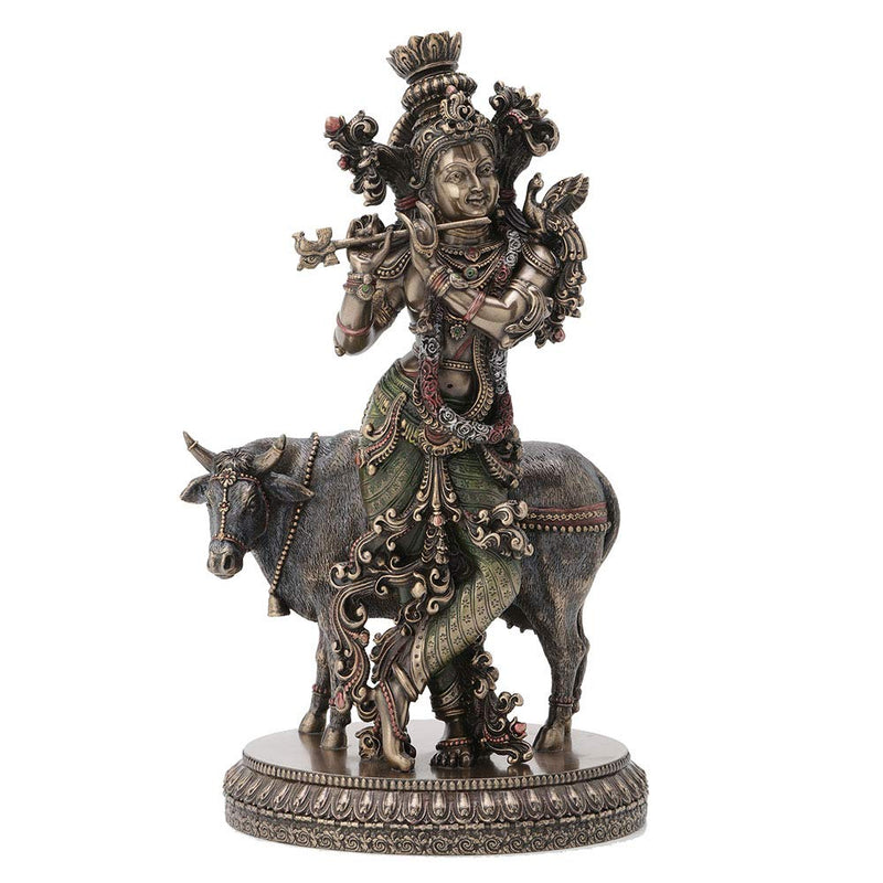 Veronese Design 10.5 Inch Hindu God Krishna and The Holy Cow Antique Bronze Finish Sculpture Figurine