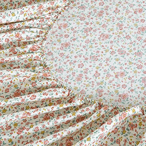 DAUAOTO 100% Cotton Bedding Printed Sheets Set for Queen Size Bed Up to 14" Deep Mattress, Ditsy Floral Pattern Bedlinen Sets,Pink