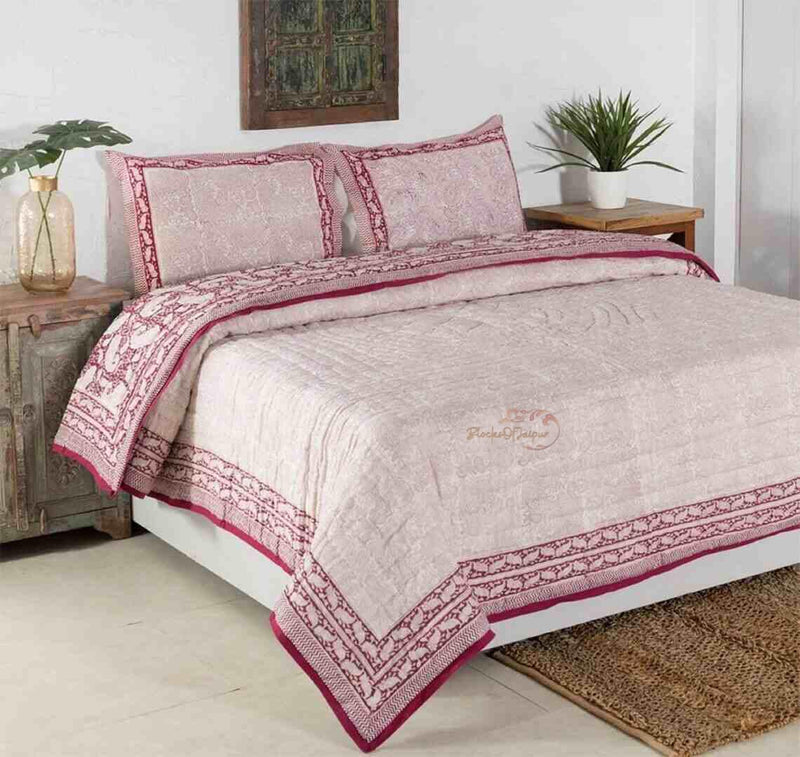 FEELRAX Organic Pure Cotton 350 TC Reversible Hand Block Quilt Jaipuri Razai Pink Butta (King Size 108X108 Inches)