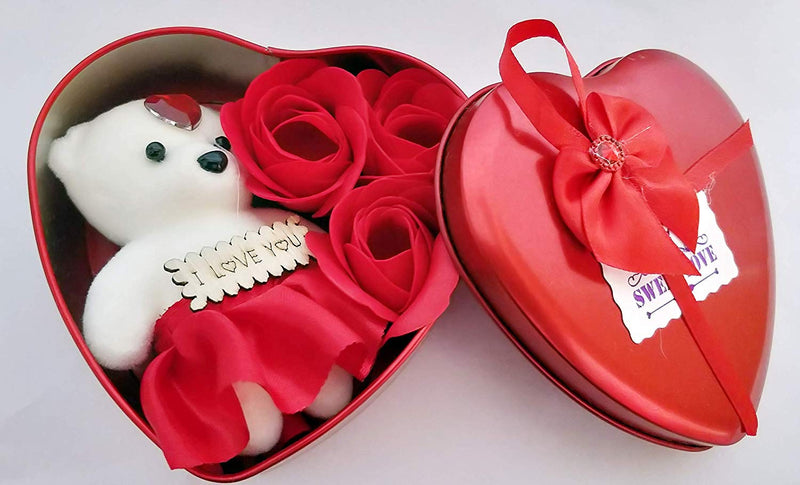 Saudeep India Trading Corporation Set of Teddy in Heart Shaped Box with, Beautiful Greeting Card and a Buke