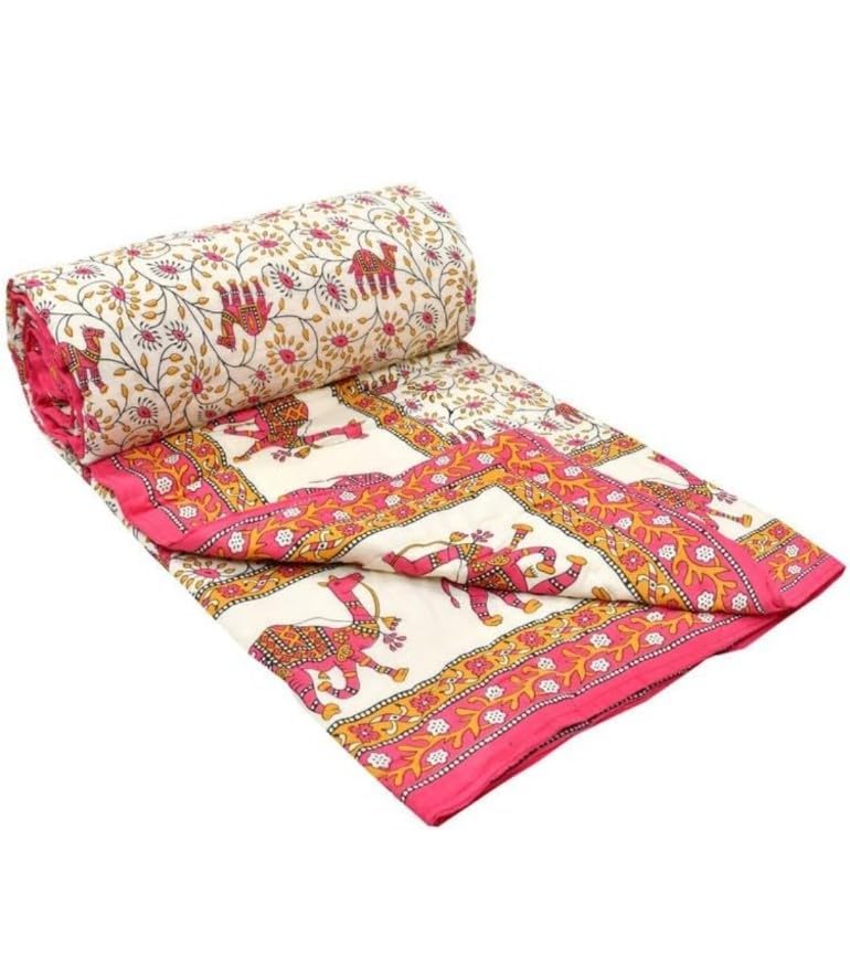 PINAARAS Interior Cotton Jaipuri Razai Single Bed Rajasthani Camal Print Quilt Blanket - Pink (Size - 55X85 Inches)