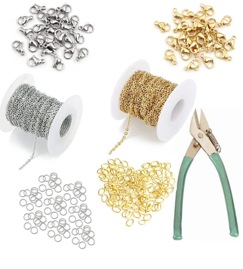 Crafts Haveli Combo of Silver and Golden Sitara Link Necklace Metal Chain for Jewelry Making DIY Materials Findings, 10 Mtr Each with Side Cutter Plier & 20 Lobster and Free Jump Ring