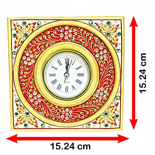 Handicraft Kingdom White Marble Table Clock with Ganesh Chowki | Ethnic Design Gold Painted Handmade Round Beautiful Meenakari Work Plate Watch| Approx Size (6 x 6 Inch) & Wt (600 Gm) Pack of 3