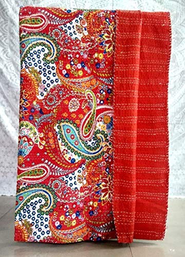 REGMESS Handmade Hippie Bed-Cover Throw and Cotton Single Size Twin-Size Kantha Blanket/Quilt (Red, 60 X90 Inch)