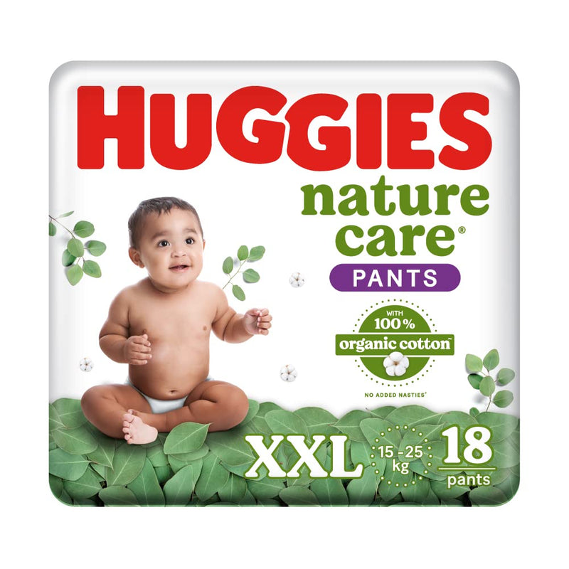 Huggies Nature Care Pants, Double Extra Large Size (15-25 Kg) Premium Baby Diaper Pants, 18 Count, Made with 100% Organic Cotton