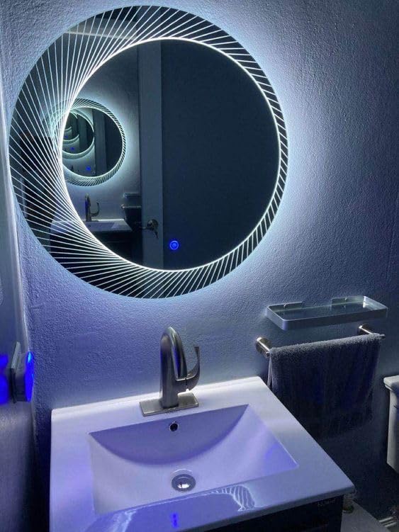 Trendy Circular LED Mirror: Clarity and Comfort with Antifog Feature - Touch Sensor Included, with Circle Design Touch Sensor Different Than Main Image. (24 x 24 Inches)