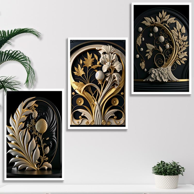 SAF paintings Set of 3 Plants Boho modern art design Premium white Framed Bohemian wall painting for for Wall, Home and Living Room Decoration 80 cms x 34.29 cms COMBO-2047-K3