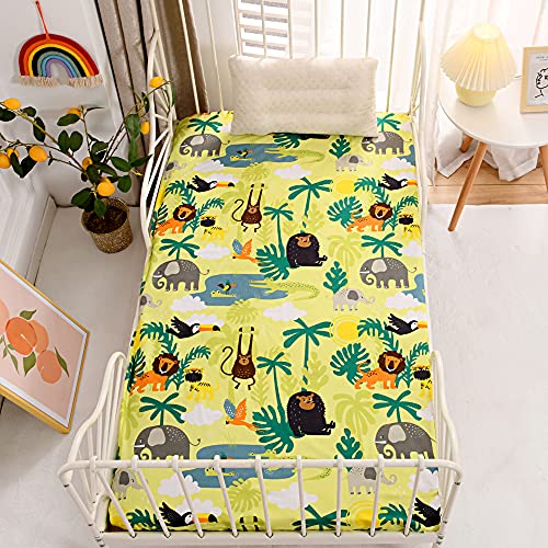 NATURETY Bedding Fitted Sheet with Deep Pocket,Thicken Printed Fabric Bed Sheets (Yellow Animals, Full)