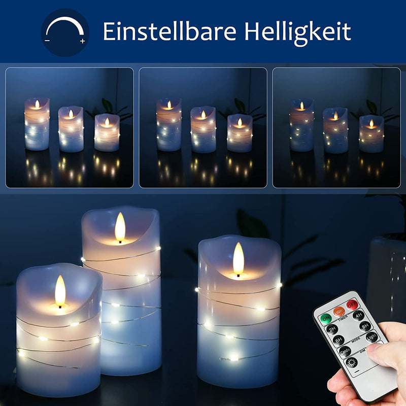 DANIP Sky Blue LED Flameless Candle, with embedded star string, 3-piece set of LED candles, with 11 button remote control, 24-hour timer function, dancing flames, real wax, battery powered. (Sky Blue)