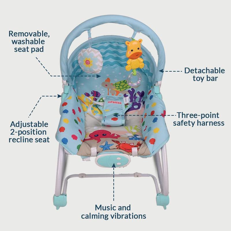 INFANTSO Baby Rocker Portable with Free Mosquito Net & Calming Vibrations & Musical Toy (03-Blue)