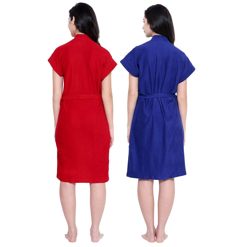 Secret Wish Women's Towel Fabric Bathrobe (Free Size, Red-Blue)