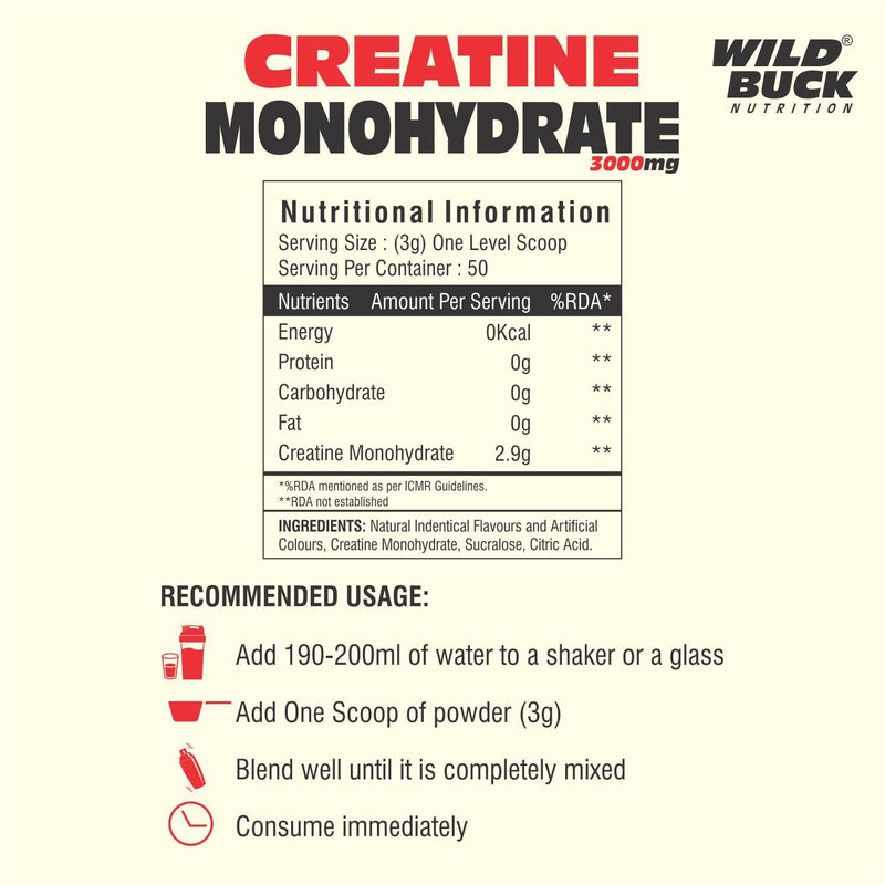 WILD BUCK Creatine Monohydrate Powder, Strength, Reduce Fatigue, 100% Pure Creatine, Lean Muscle Building, Supports Muscle Growth, Athletic Performance, Recovery [50 Servings, Mix Berries]