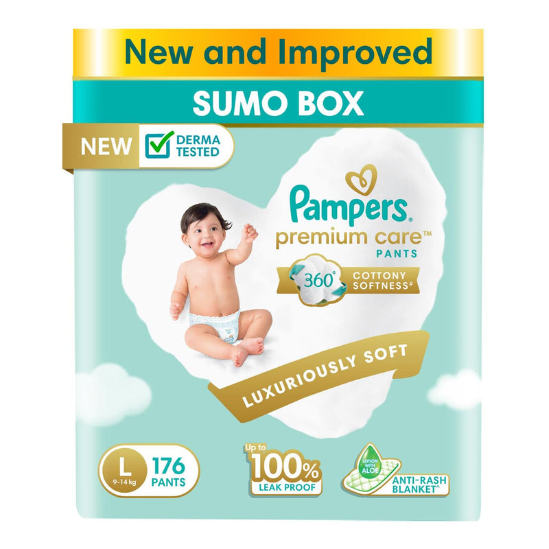 Pampers Premium Care Pants Style Baby Diapers, Large (L) Size, 176 Count, All-in-1 Diapers with 360 Cottony Softness, 9-14kg Diapers