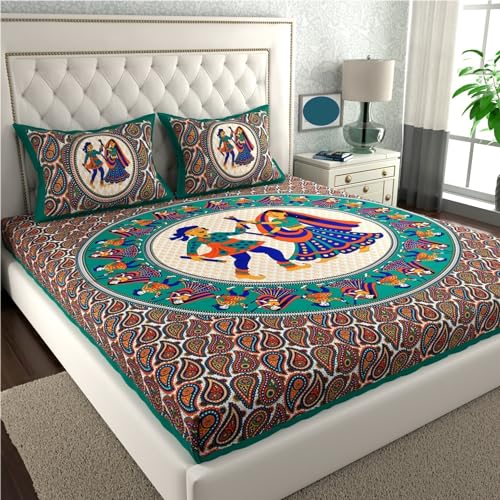 AC FASHION Rajasthani Jaipuri Sanganeri Print 144 TC 100% Cotton Bed Sheet Set for Double Bed King Size, Dandiya Pattern, Double Bedsheet Cotton with 2 Pillow Covers