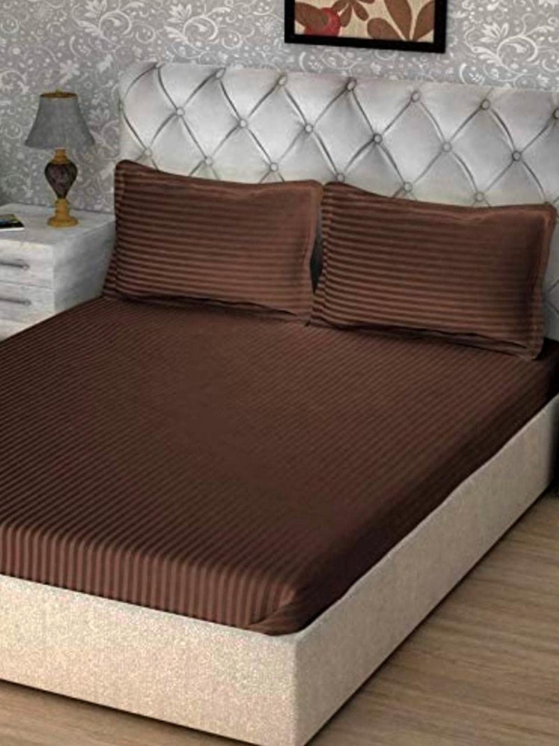 YUKU 210 TC Glace Cotton Satin Stripes Elastic Fitted Plain Double Bedsheet King Size with Two Pillow Covers for Home/Hotels/Guest House (Brown)