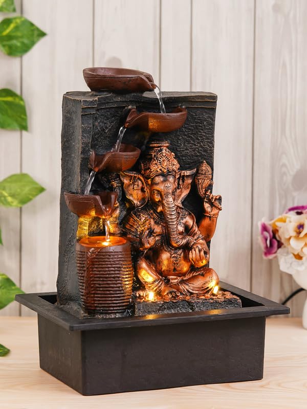 Chronikle Brown & Golden Idle Ganesha Table Top Indoor Water Fountain with 4 Steps Waterfall, LED Lights & Water Flow Controller Pump ( Size: 39 x 29.5 x 22 cm | Colour: Brown & Golden )