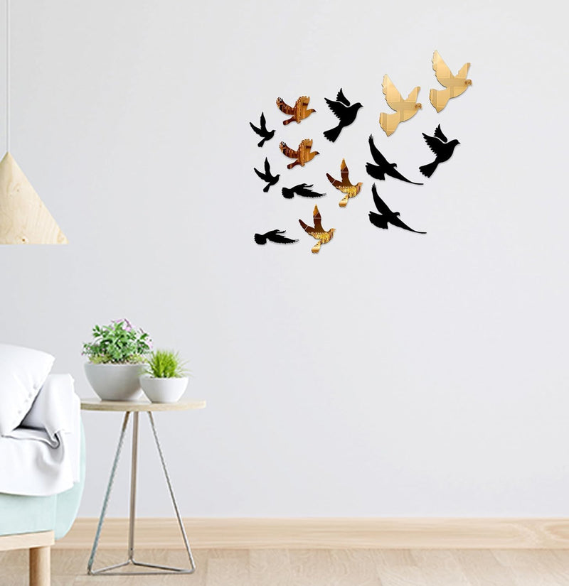 Chote Mote Seller - Birds Golden Mirror Stickers for Wall, Acrylic Mirror, Wall Mirror, 3D Stickers, chidiya Wall Stickers for Room Hall Home and Office (Golden, Pack of 49)