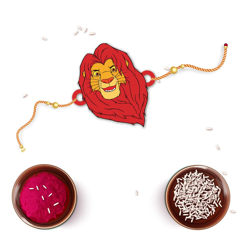 Bhai Please Lion King Musafa Wooden Rakhi with Brother is Superhero Fridge Magnet (Gift Combo for Bhai/Bhaiya) | Set of 1 pc Rakhi with Roli- Chawal and Fridge Magnet | With Raksha Bandhan Greetings