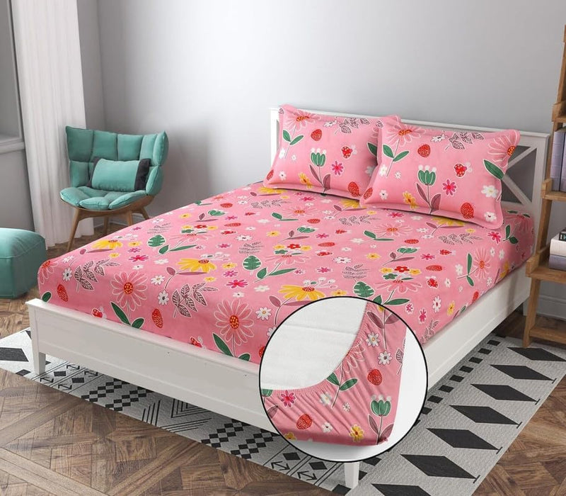 Amvy Creation Skin Friendly Ultrasoft Prime Collection King Size Elastic Fitted Double Bedsheet with 2 Pillow Covers (Size 72 x 78 Inch) - Pink with Leaves Flowers Gold Fitted2