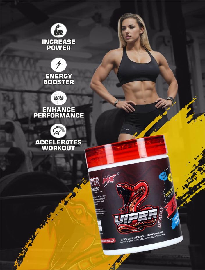 Musclex Nutrition Deadly Viper Pre-Workout Supplement, Litchi Flavour, 30 Servings, with Caffeine, Beta Alanine, L-Citrulline, Creatine HCl