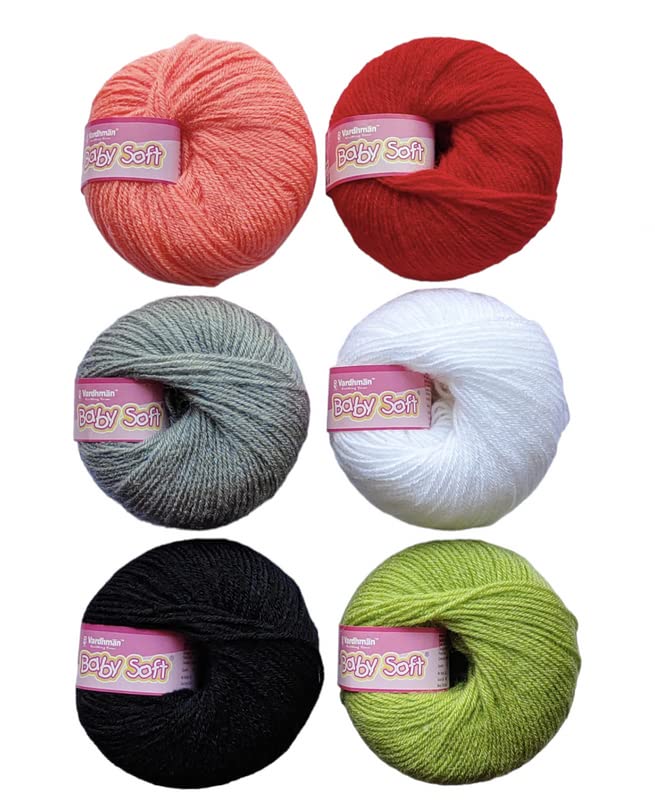 JEFFY Vardhman Baby Soft Combo 6 Pcs (One Ball 25 Gram) 4 Ply Wool Ball Hand Knitting Wool/Art Craft Soft Fingering Crochet Hook Yarn,Needle Knitting Yarn Thread .9
