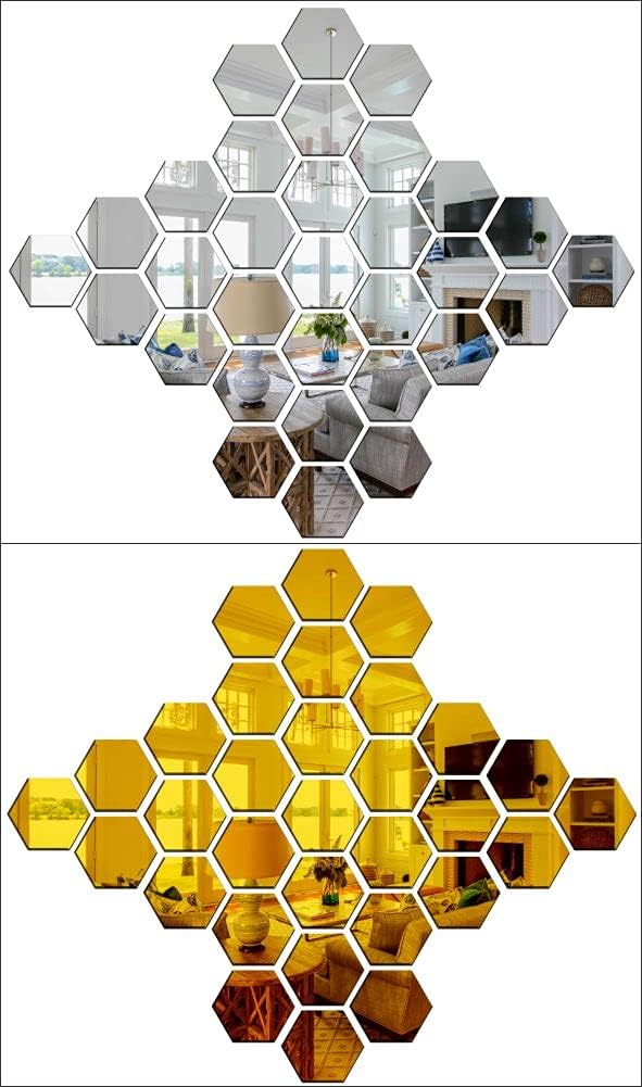 Wall1ders Combo Hexagon 30 Silver 30 Golden (Each Hexagon Size 10.5 cm x 12 cm) Hexagon Mirror Wall Stickers, Mirror Stickers for Wall,