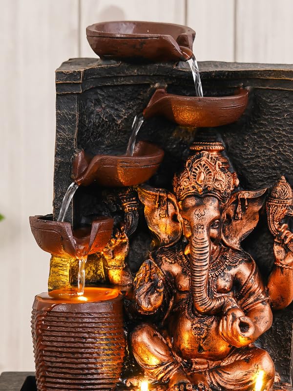 Chronikle Brown & Golden Idle Ganesha Table Top Indoor Water Fountain with 4 Steps Waterfall, LED Lights & Water Flow Controller Pump ( Size: 39 x 29.5 x 22 cm | Colour: Brown & Golden )