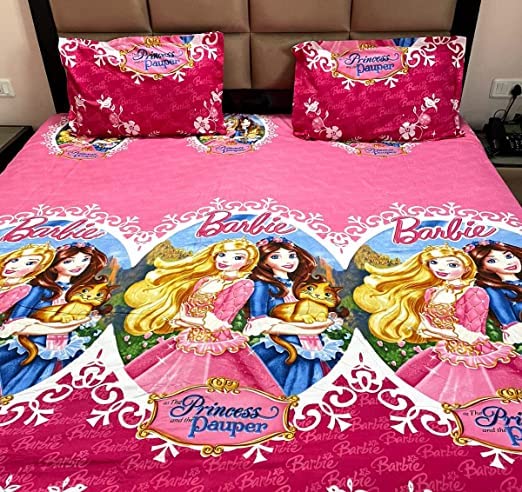 BLESS KRAFT Kids Cartoon Character King Size 100% Cotton Glace Bedsheet (Size: 95 X 108 Inches) GSM 230 (Princess)