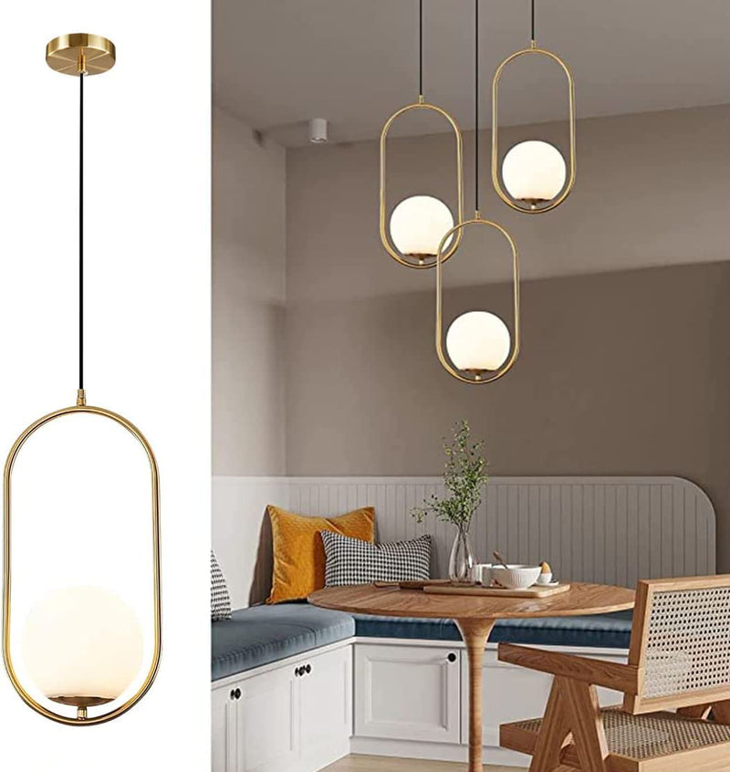 Homenique 1 Hanging Light, Golden with White Frosted Glass Globe Lampshade Pendant Indoor Hanging Light Fixture