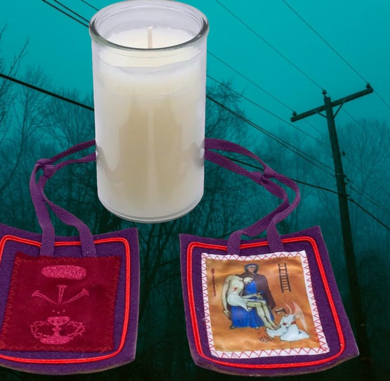 51% Beeswax Candle and Purple Home Scapular | 3 Days of Darkness | Catholic Spirituality | Divine Protection | Blessed Anna Maria Taigi and Marie-Julie Jahenny