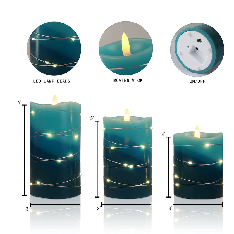 Xinhidar Flameless Candle is Rechargeable, Equipped with Embedded String Lights, 3 LED Candles, 11 Key Remote Control, 24-Hour Timer Function, pulsating Flame, Real Wax. (Ocean Blue)