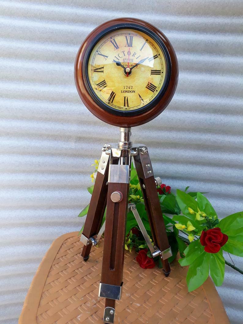 ALI NAUTICAL Handmade Table Top Clock Table & Floor Standing Roman Number Clock 18 Inch with Adjustable Tripod Stand Home & Office, Studio Decoration Gift Item