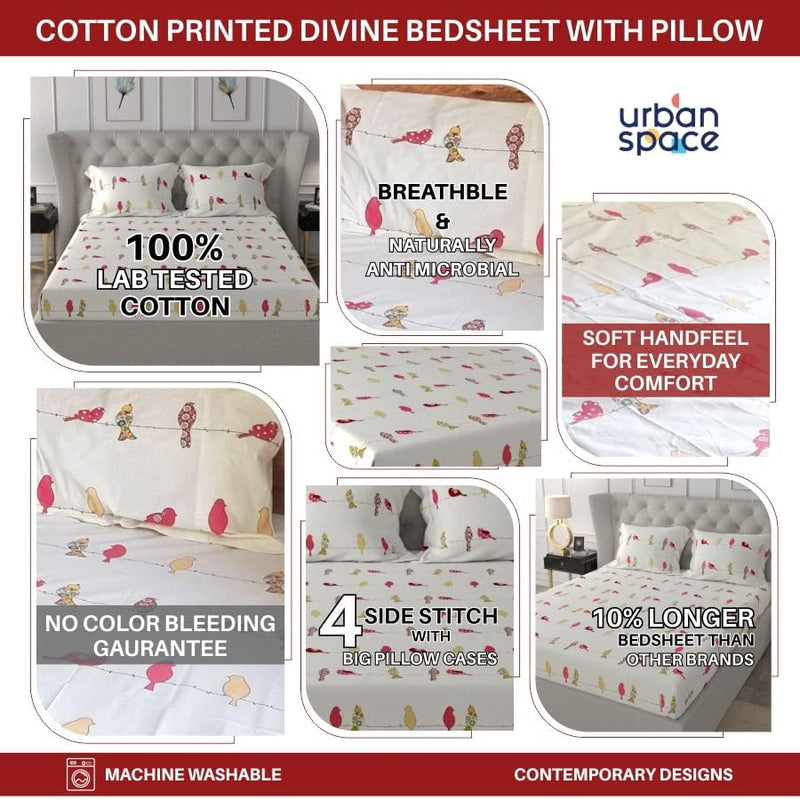 Urban Space Divine 144 TC 100% Cotton Printed Fitted Bedsheet King Size with 2 Pillow Covers, Size 78 inch x 72 inch, HB RED