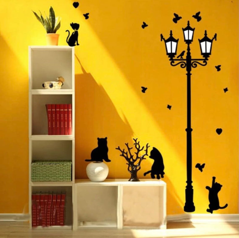 Psychedelic Collection 'Ancient Lamp and Cats' Wall Sticker (PVC Vinyl, 90 cm x 30 cm, Black) (57021), Animal