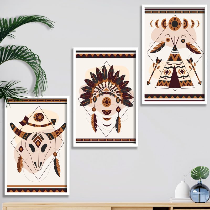 SAF paintings Set of 3 Abstract Boho modern art design Premium white Framed Bohemian wall painting for for Wall, Home and Living Room Decoration 80 cms x 34.29 cms COMBO-2091-K3