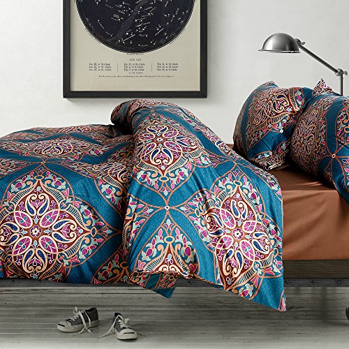 King, Teal : Damask Medallion Luxury Duvet Quilt Cover Boho Paisley Print Bedding Set 400 Thread Count Egyptian Cotton Sateen Vibrant Bohemian Pattern (King, Teal)