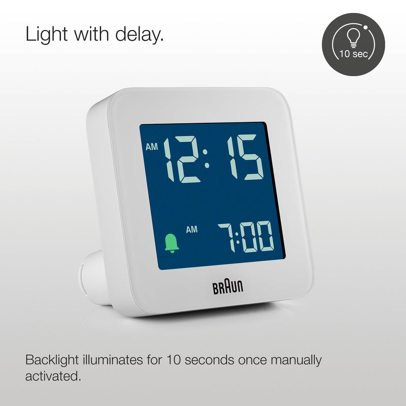 Braun Digital Alarm Clock with Snooze, Negative LCD Display, Quick Set, Crescendo beep Alarm in White, Model BC09W