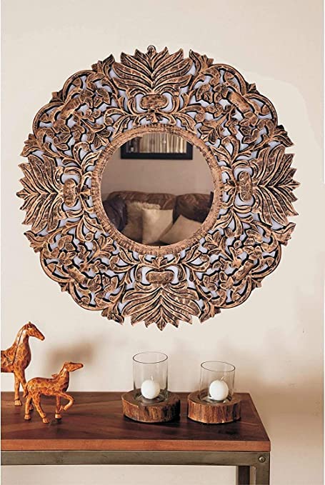 VAS Collection Home Vazeer and Sons Wood Carving Wall Mirror for Living Room