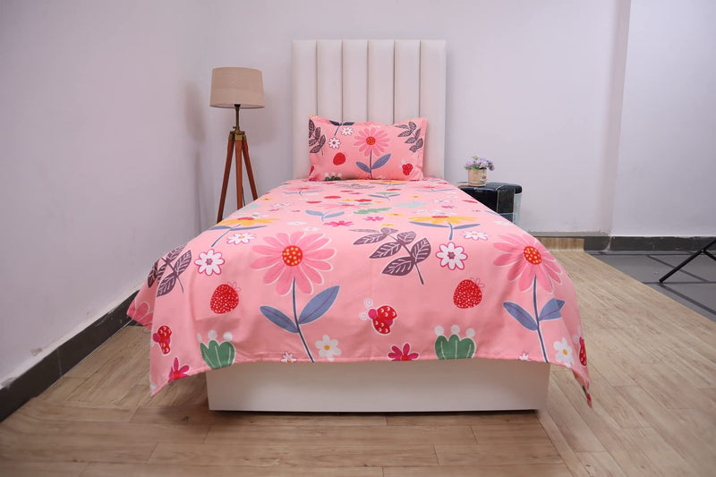 RD TREND Polycotton Printed Single Flat Bedsheet with 1 Pillow Cover (18 X 28 Inch) (Pink)