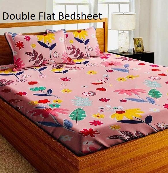 Vaastu Furnishings Skin Friendly Ultrasoft Prime Collection Printed Flat 1 Double Bedsheet with 2 Pillow Covers (Size 90 x 90 Inch) - Pink with Leaves Flowers Gold5