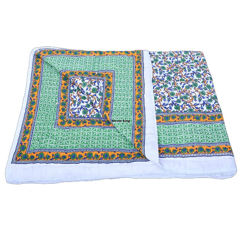 THROW KING Single Bed Jaipuri Cotton Razai Blanket/Quilt Soft Light Weight Rajasthani Traditional Cotton Comforter (Blue and Green, Pack of 2)