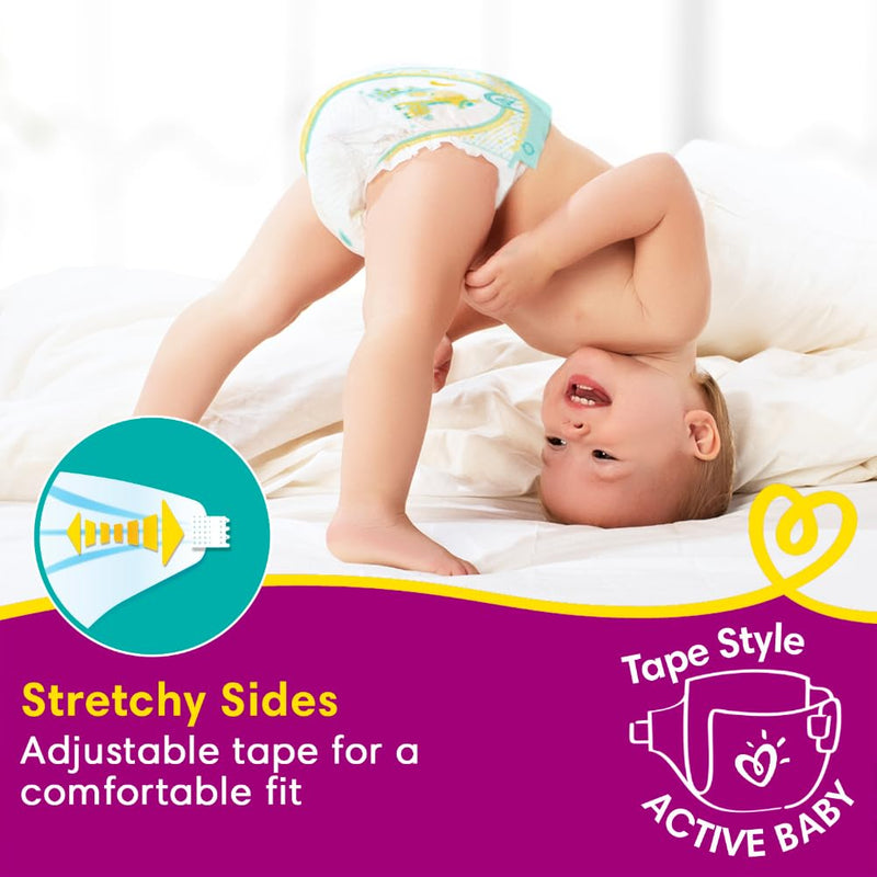 Pampers Active Baby Tape Style Diapers, Large (L) Size, 50 Count, Adjustable Fit with 5 star skin protection, 9-14kg Diapers