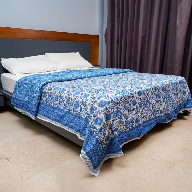 Inizio 100% Cotton Reversible Warm AC Dohar Double Bed Size | Jaipuri Printed Artisan Block Design Bed Blanket | Soft Quilt | Lightweight Summer/Winter - Blue