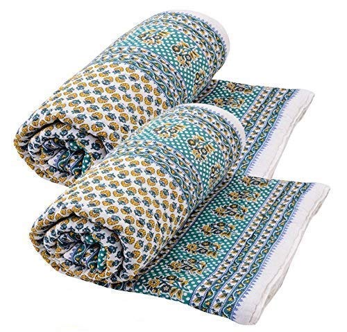 SIBLEY Traditional Jaipuri Soft Light Weight Pure Cotton Jaipuri Print Razai/Quilt/Blanket/Razai for All (88X55 Inches, Green-Yellow)- Pack of 2