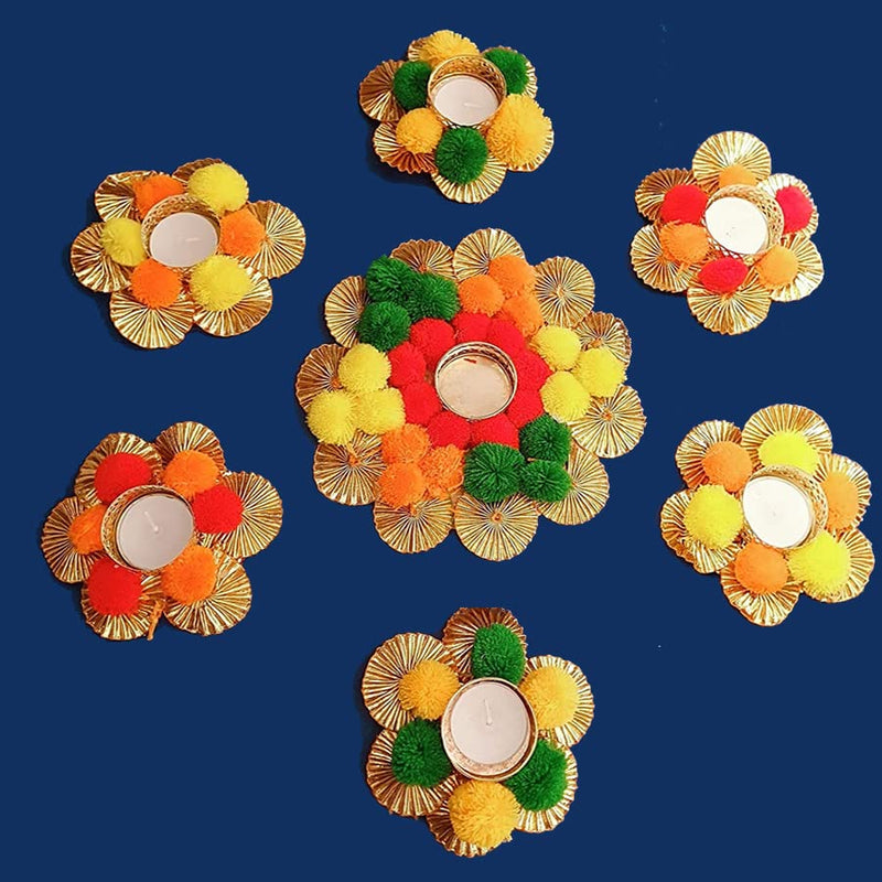 Kesri Gifts Handmade tealight Candle Holders|Set of 7 Rangoli Candle Holders|Diwali Decorations|onam pongal pom pom Rangoli Floor Decorations|Diwali diyas(t2217)