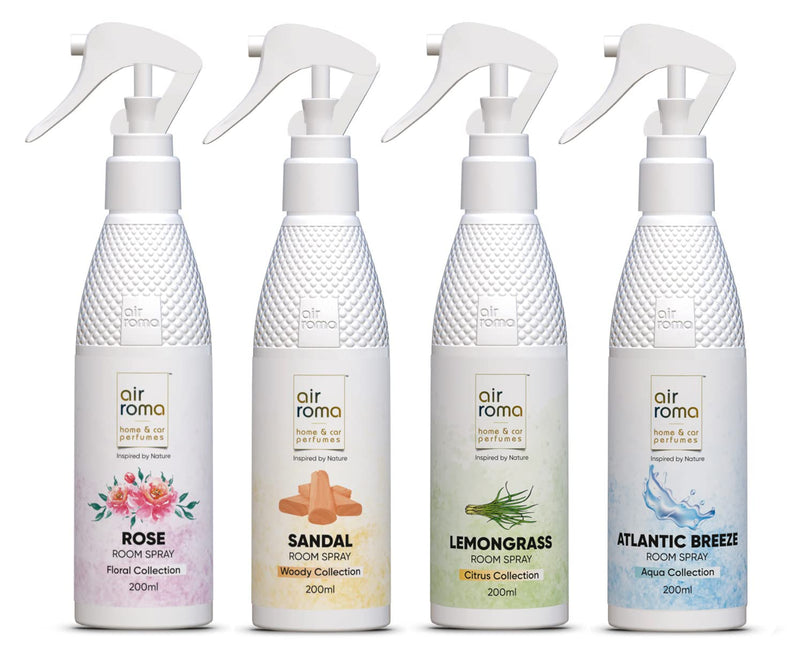 AIR-ROMA Air Freshener Spray Combo of 4 (200ml each) | Atlantic Breeze, Sandal, Lemon Grass, Rose | Long-lasting Odour Eliminator for for Living Room, Hotels, Work Space, Office, Toilet