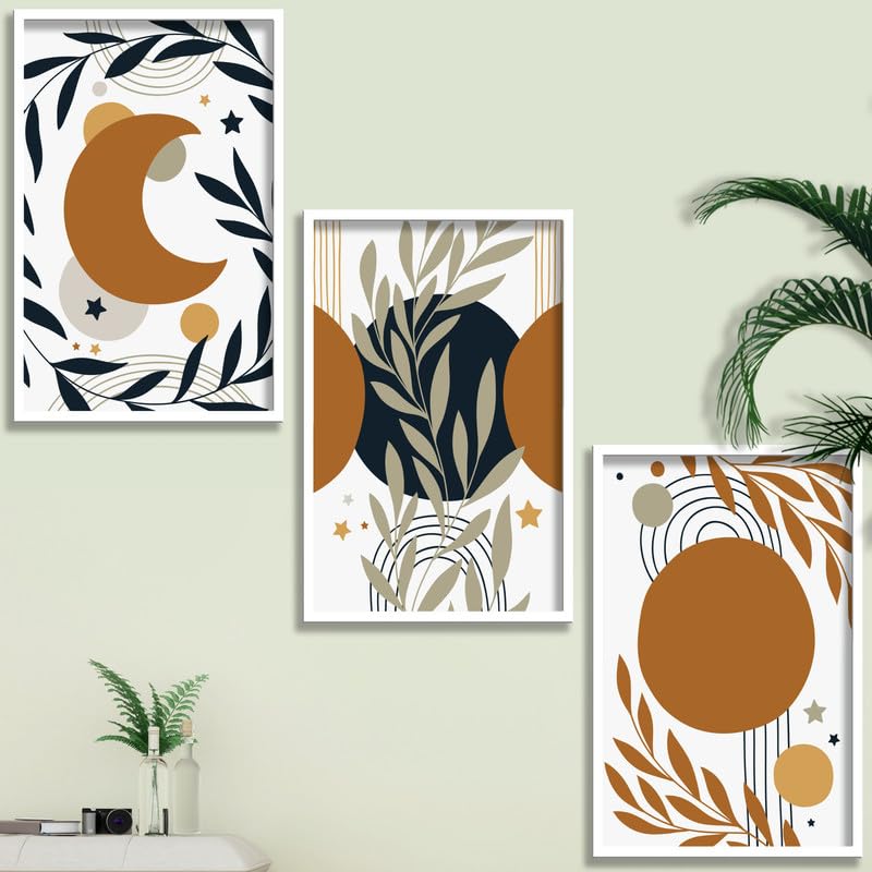 SAF paintings Set of 3 abstract flower Boho modern art design Premium white Framed Bohemian wall painting for for Wall, Home and Living Room Decoration 80 cms x 34.29 cms COMBO-2238-K3