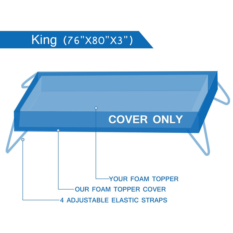 3 Inch Mattress Topper Cover King Size (Only Cover) Cooling Bamboo Rayon Zippered Cover for Mattress Topper with Adjustable Straps for Latex Memory Foam Mattress Cover