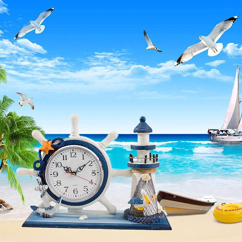 NOBLJX Lighthouse Mantle Clocks Ocean Nautical Clock Decor for Living Room Desktop Solid Wood Mediterranean Style for Kids Bedroom Bedside Home Decoration